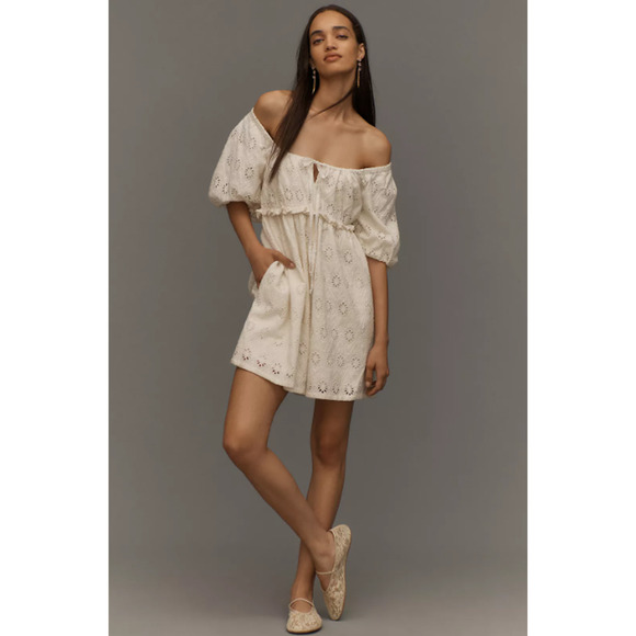 Pilcro Pants - Anthropologie PILCRO Puff-Sleeve Eyelet Romper Playsuit in White Size M NWT $158
